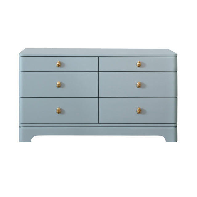 Worlds Away Six Drawer Rounded Edge Chest With Brass Beetle Knob In Light Blue Matte Lacquer
