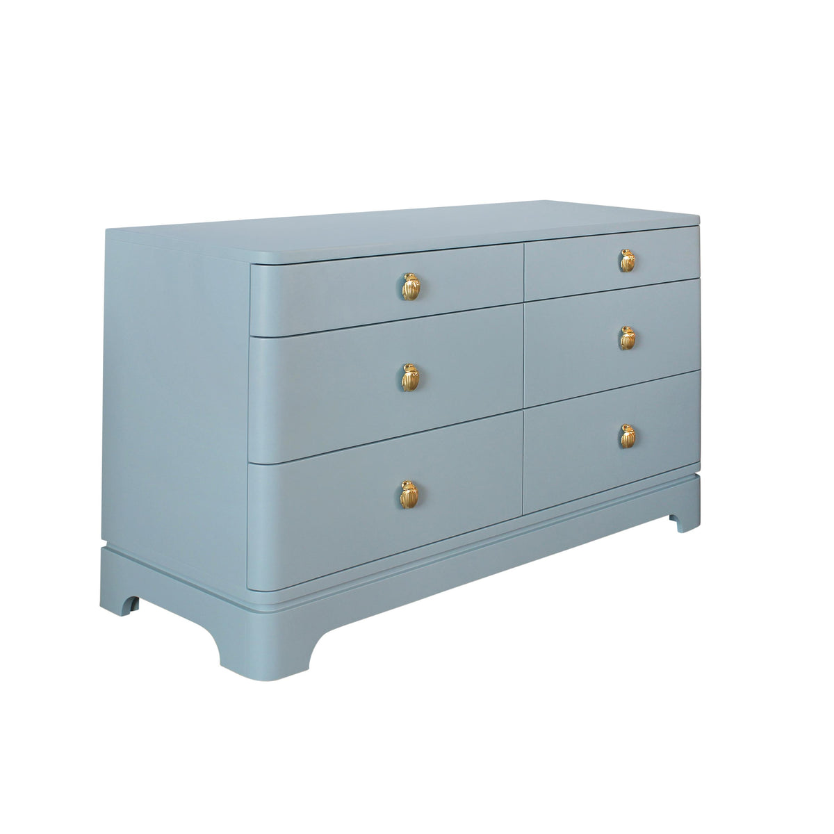 Worlds Away Six Drawer Rounded Edge Chest With Brass Beetle Knob In Light Blue Matte Lacquer