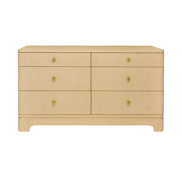 Worlds Away Six Drawer Rounded Edge Chest With Brass Beetle Knob In Natural Grasscloth