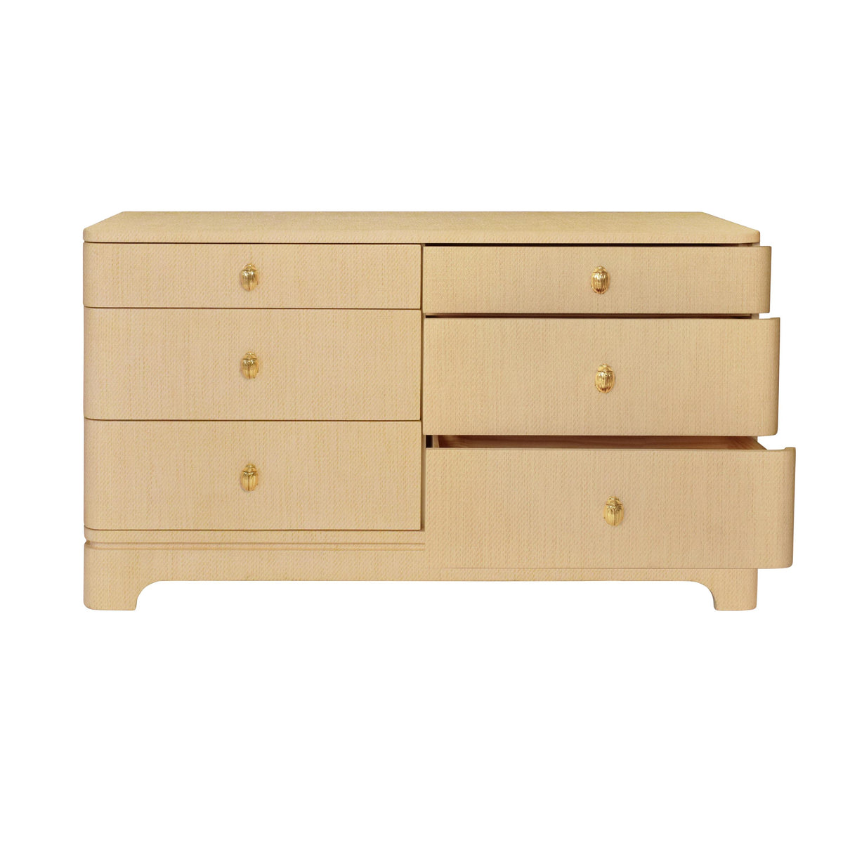 Worlds Away Six Drawer Rounded Edge Chest With Brass Beetle Knob In Natural Grasscloth