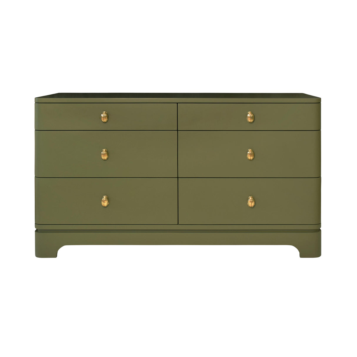 Worlds Away Six Drawer Rounded Edge Chest With Brass Beetle Knob In Olive Green Matte Lacquer