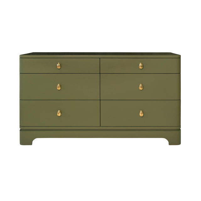Worlds Away Six Drawer Rounded Edge Chest With Brass Beetle Knob In Olive Green Matte Lacquer