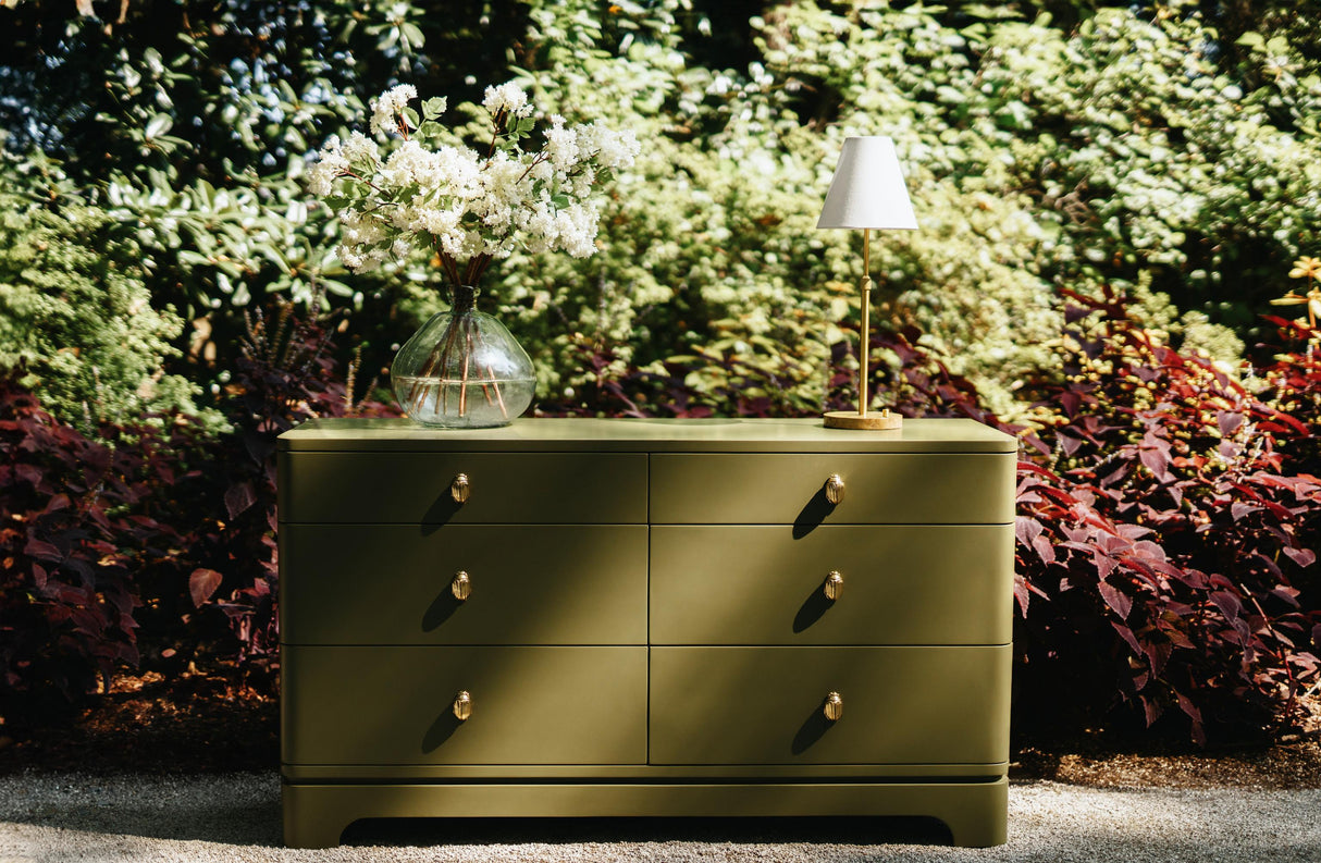 Worlds Away Six Drawer Rounded Edge Chest With Brass Beetle Knob In Olive Green Matte Lacquer
