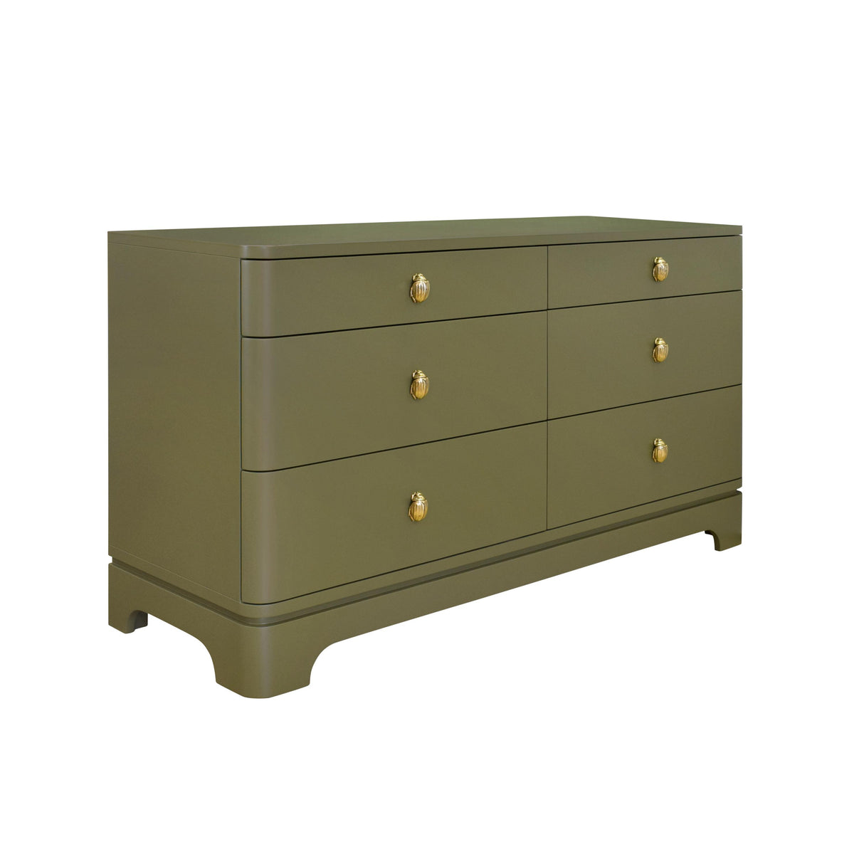 Worlds Away Six Drawer Rounded Edge Chest With Brass Beetle Knob In Olive Green Matte Lacquer