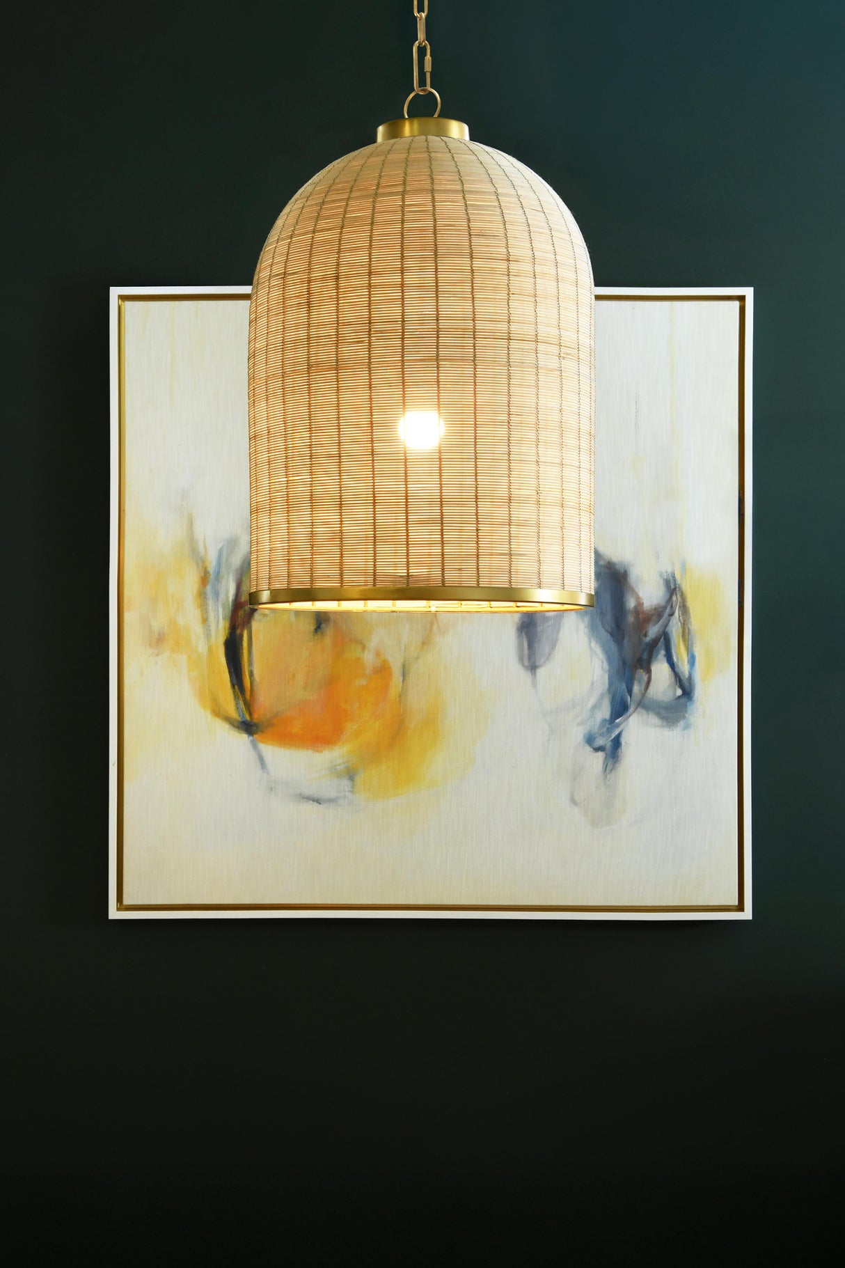 Worlds Away Bell Shaped Natural Rattan Pendant With Satin Brass Trim