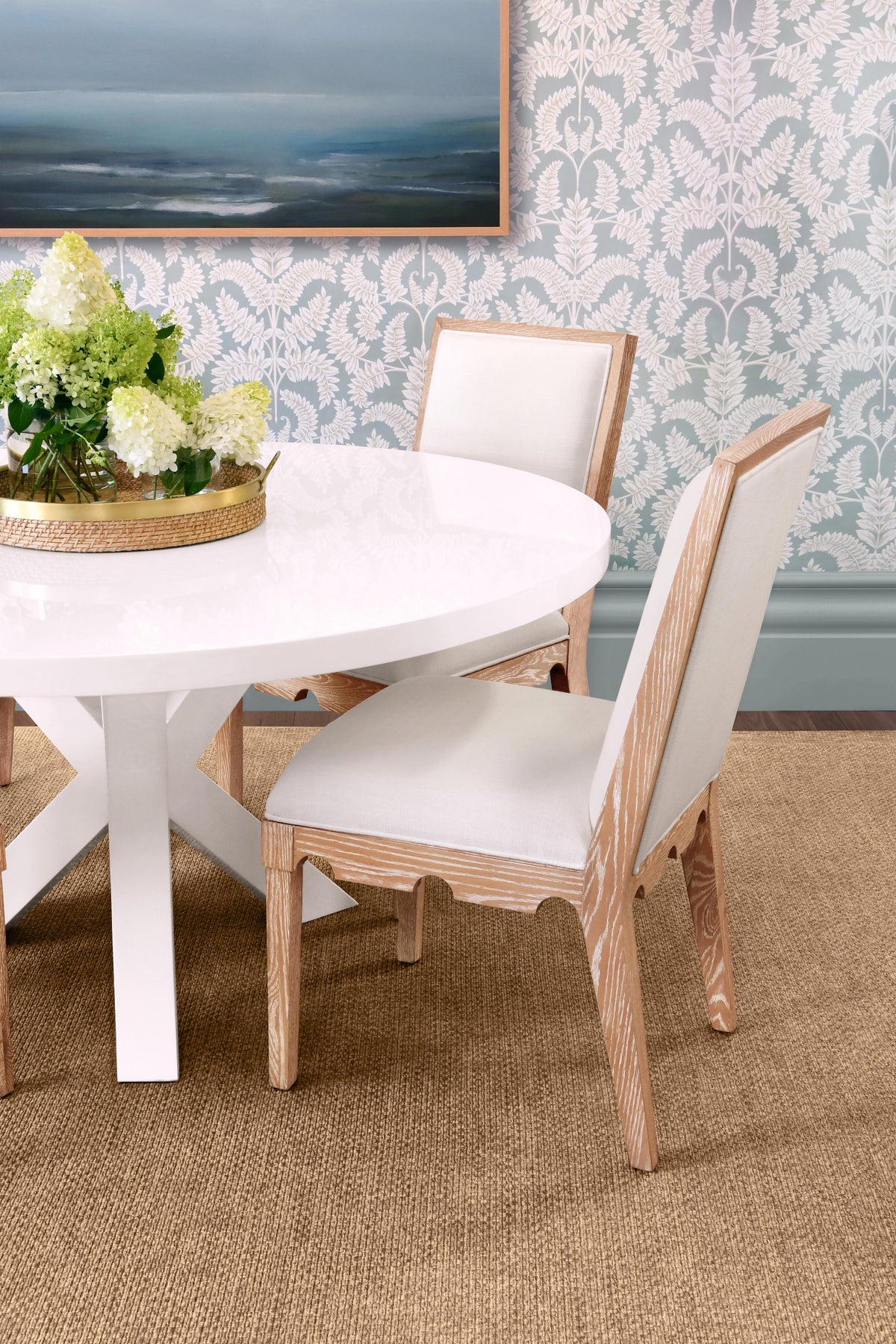 Worlds Away Square Back Dining Chair With Decorative Apron In Cerused Oak With Performance White Linen Upholstery