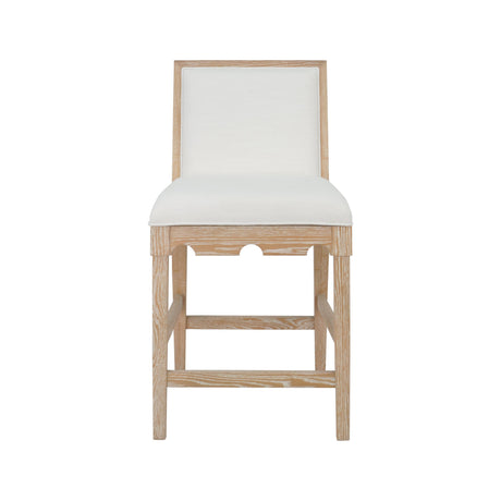Worlds Away Square Back Counter Stool With Decorative Apron In Cerused Oak With Performance White Linen Upholstery