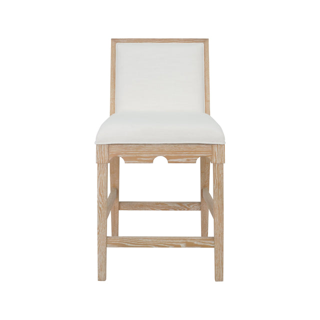 Worlds Away Square Back Counter Stool With Decorative Apron In Cerused Oak With Performance White Linen Upholstery