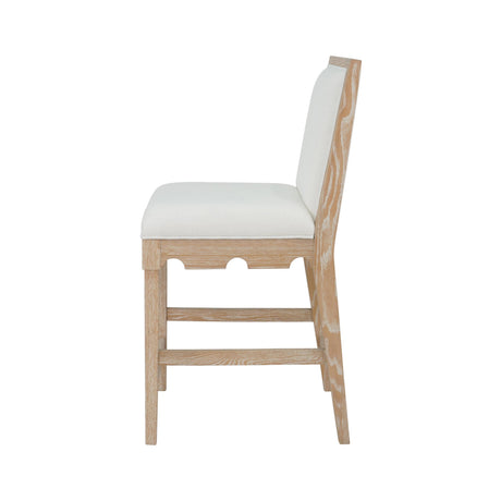 Worlds Away Square Back Counter Stool With Decorative Apron In Cerused Oak With Performance White Linen Upholstery