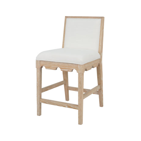 Worlds Away Square Back Counter Stool With Decorative Apron In Cerused Oak With Performance White Linen Upholstery