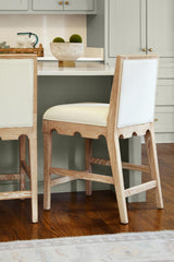 Worlds Away Square Back Counter Stool With Decorative Apron In Cerused Oak With Performance White Linen Upholstery