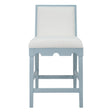 Worlds Away Square Back Counter Stool With Decorative Apron In Matte Light Blue Lacquer With Performance White Linen Upholstery