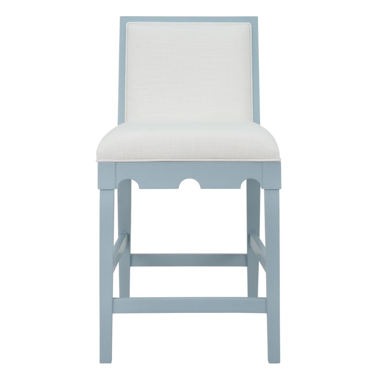 Worlds Away Square Back Counter Stool With Decorative Apron In Matte Light Blue Lacquer With Performance White Linen Upholstery