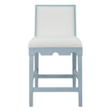 Worlds Away Square Back Counter Stool With Decorative Apron In Matte Light Blue Lacquer With Performance White Linen Upholstery