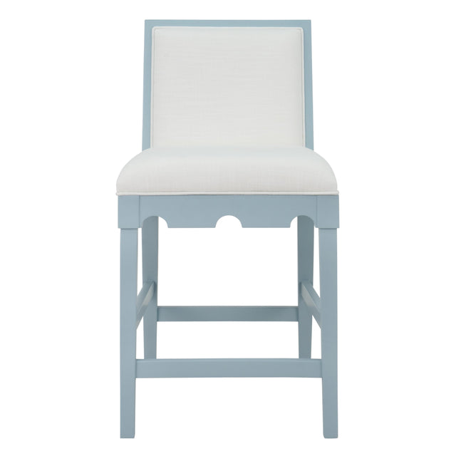 Worlds Away Square Back Counter Stool With Decorative Apron In Matte Light Blue Lacquer With Performance White Linen Upholstery