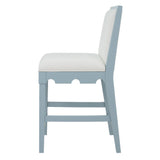 Worlds Away Square Back Counter Stool With Decorative Apron In Matte Light Blue Lacquer With Performance White Linen Upholstery