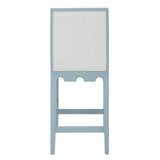Worlds Away Square Back Counter Stool With Decorative Apron In Matte Light Blue Lacquer With Performance White Linen Upholstery