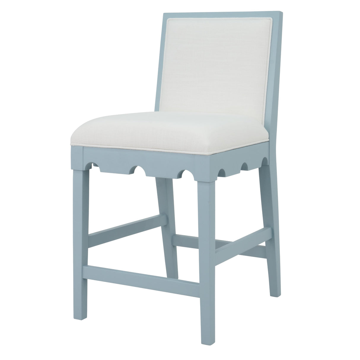 Worlds Away Square Back Counter Stool With Decorative Apron In Matte Light Blue Lacquer With Performance White Linen Upholstery