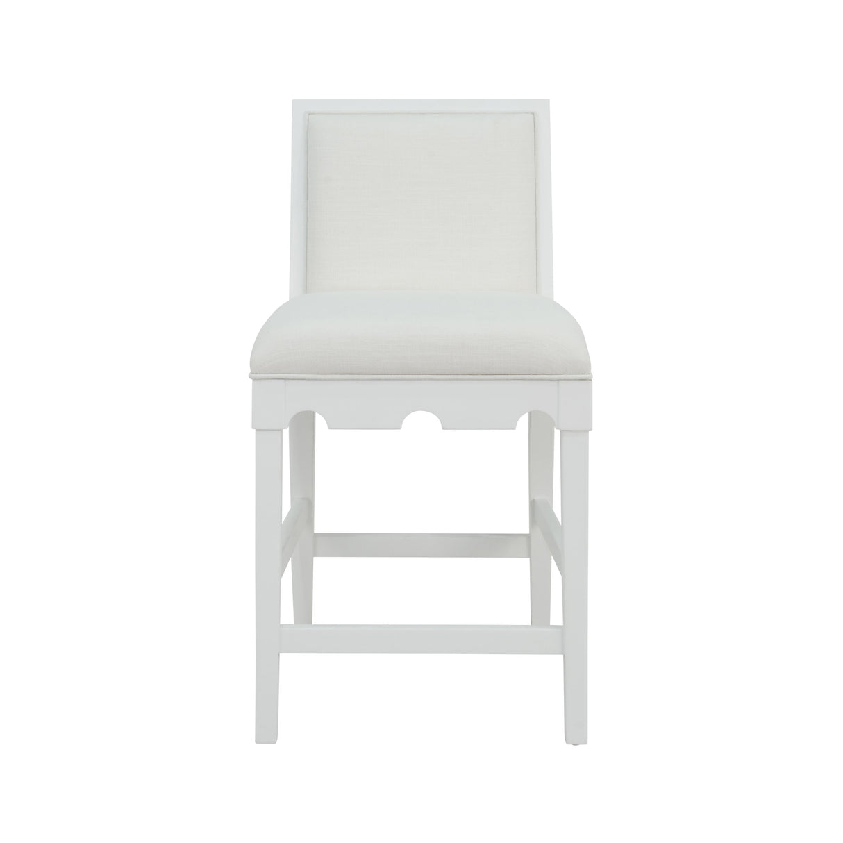 Worlds Away Square Back Counter Stool With Decorative Apron In Matte White Lacquer With Performance White Linen Upholstery
