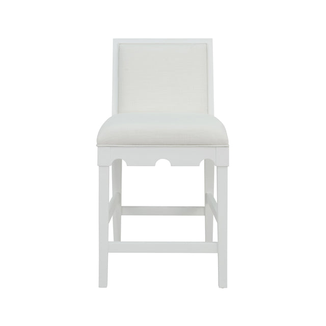 Worlds Away Square Back Counter Stool With Decorative Apron In Matte White Lacquer With Performance White Linen Upholstery