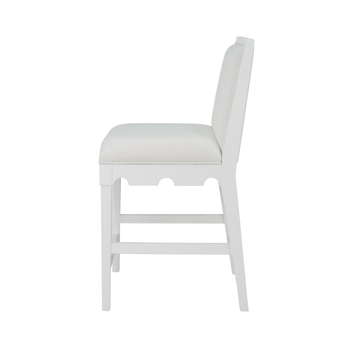 Worlds Away Square Back Counter Stool With Decorative Apron In Matte White Lacquer With Performance White Linen Upholstery