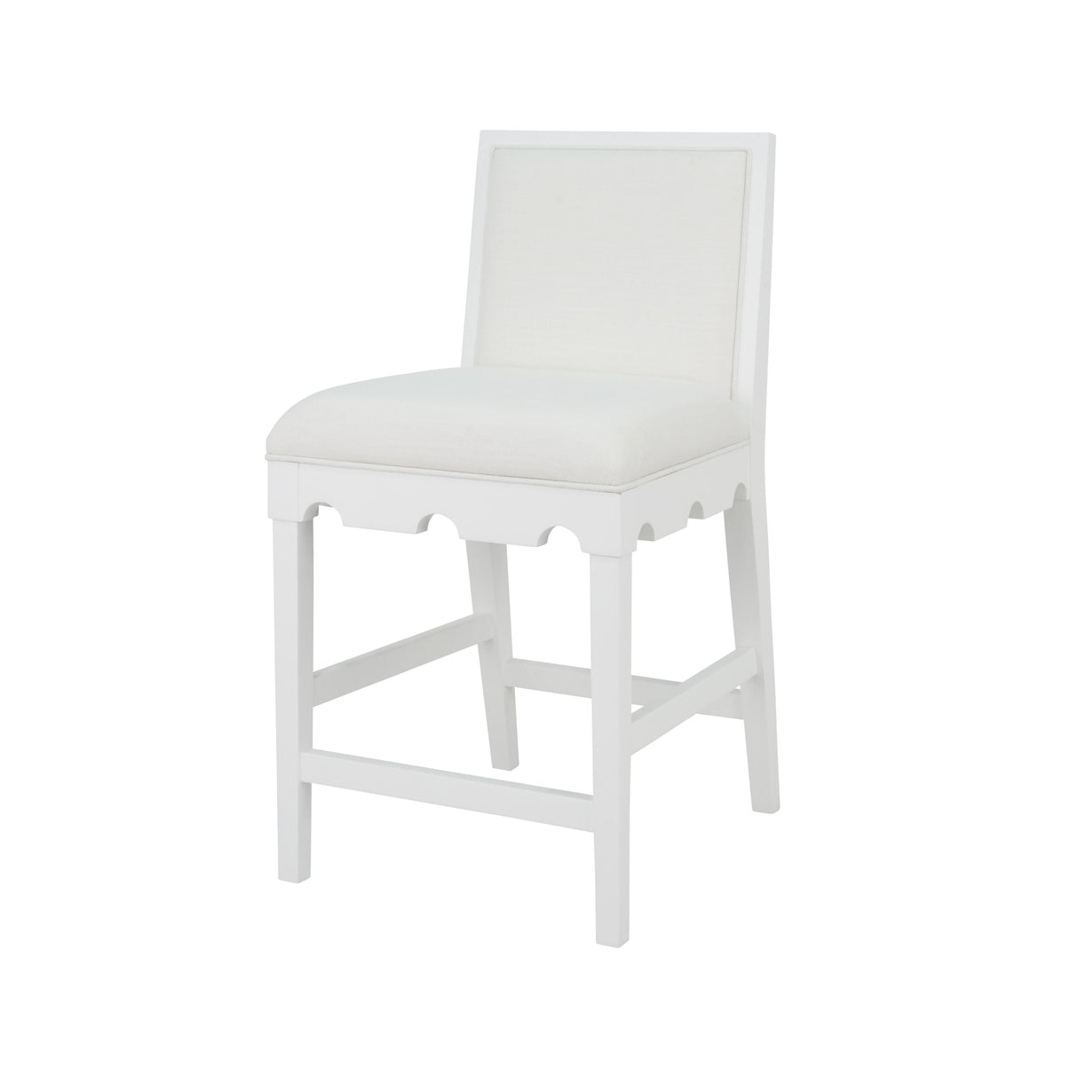 Worlds Away Square Back Counter Stool With Decorative Apron In Matte White Lacquer With Performance White Linen Upholstery