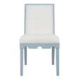 Worlds Away Square Back Dining Chair With Decorative Apron In Matte Light Blue Lacquer With Performance White Linen Upholstery