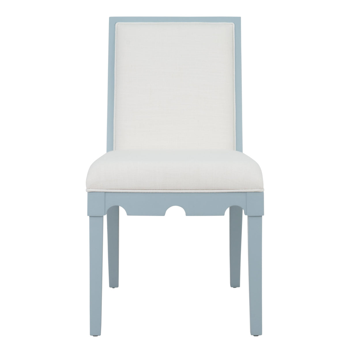 Worlds Away Square Back Dining Chair With Decorative Apron In Matte Light Blue Lacquer With Performance White Linen Upholstery