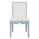 Worlds Away Square Back Dining Chair With Decorative Apron In Matte Light Blue Lacquer With Performance White Linen Upholstery