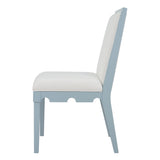 Worlds Away Square Back Dining Chair With Decorative Apron In Matte Light Blue Lacquer With Performance White Linen Upholstery