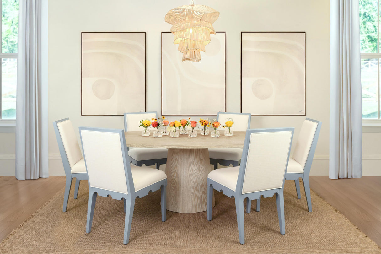 Worlds Away Square Back Dining Chair With Decorative Apron In Matte Light Blue Lacquer With Performance White Linen Upholstery