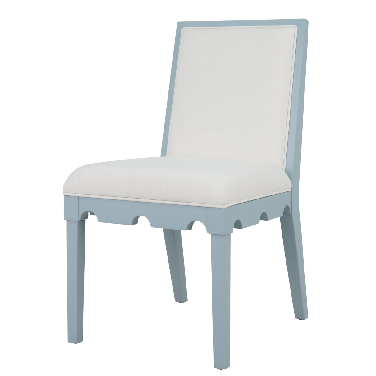 Worlds Away Square Back Dining Chair With Decorative Apron In Matte Light Blue Lacquer With Performance White Linen Upholstery