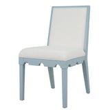 Worlds Away Square Back Dining Chair With Decorative Apron In Matte Light Blue Lacquer With Performance White Linen Upholstery