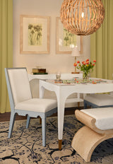 Worlds Away Square Back Dining Chair With Decorative Apron In Matte Light Blue Lacquer With Performance White Linen Upholstery