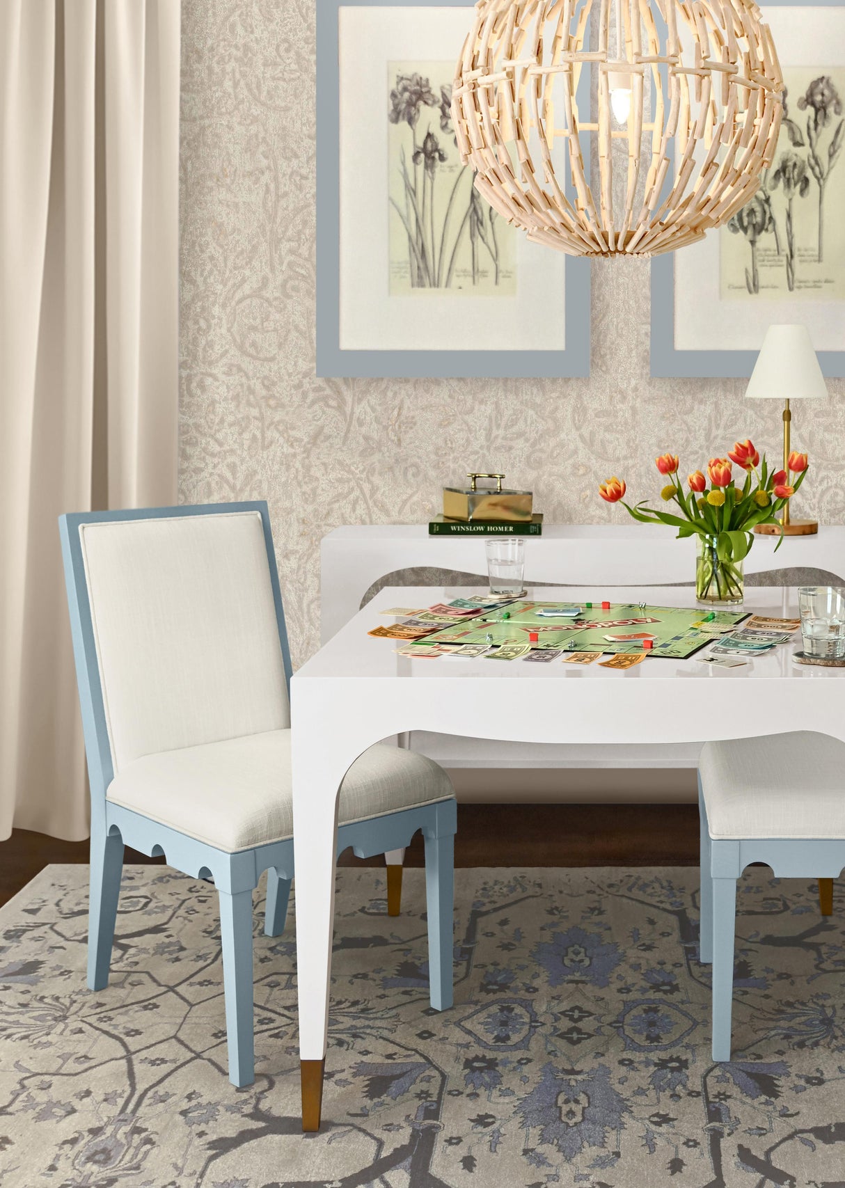 Worlds Away Square Back Dining Chair With Decorative Apron In Matte Light Blue Lacquer With Performance White Linen Upholstery