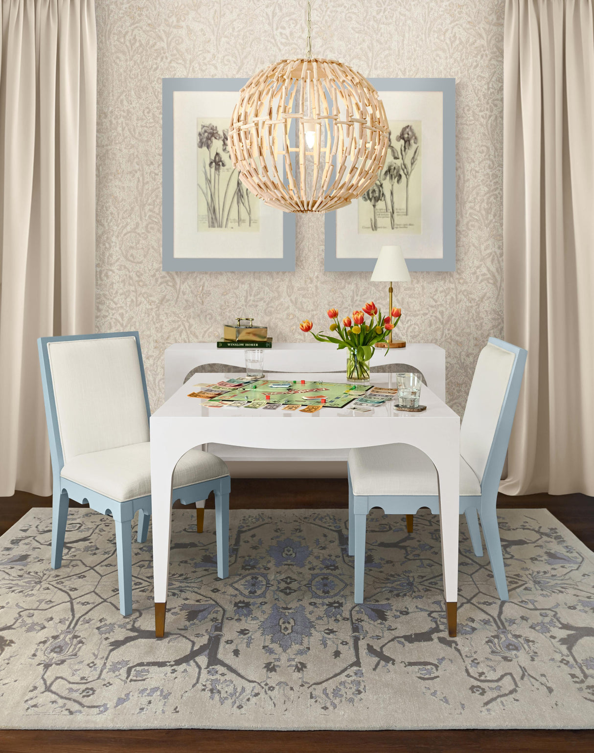 Worlds Away Square Back Dining Chair With Decorative Apron In Matte Light Blue Lacquer With Performance White Linen Upholstery