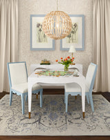 Worlds Away Square Back Dining Chair With Decorative Apron In Matte Light Blue Lacquer With Performance White Linen Upholstery