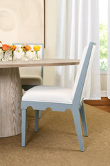 Worlds Away Square Back Dining Chair With Decorative Apron In Matte Light Blue Lacquer With Performance White Linen Upholstery