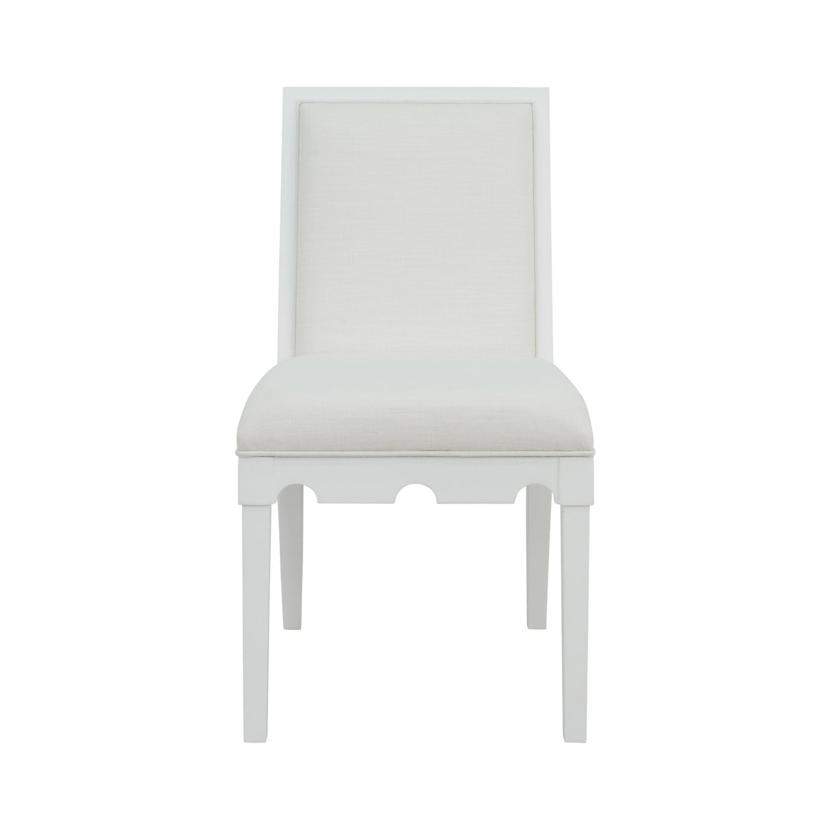 Worlds Away Square Back Dining Chair With Decorative Apron In Matte White Lacquer With Performance White Linen Upholstery