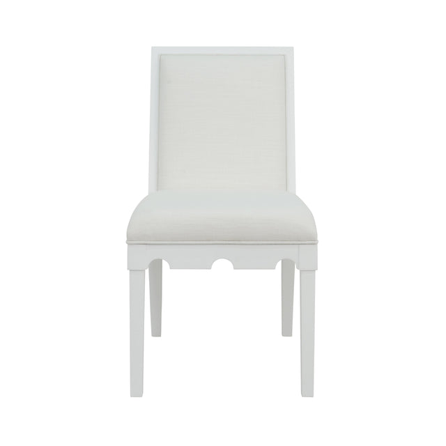Worlds Away Square Back Dining Chair With Decorative Apron In Matte White Lacquer With Performance White Linen Upholstery