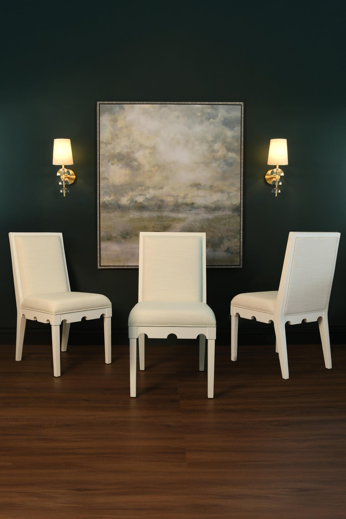 Worlds Away Square Back Dining Chair With Decorative Apron In Matte White Lacquer With Performance White Linen Upholstery