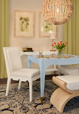 Worlds Away Square Back Dining Chair With Decorative Apron In Matte White Lacquer With Performance White Linen Upholstery