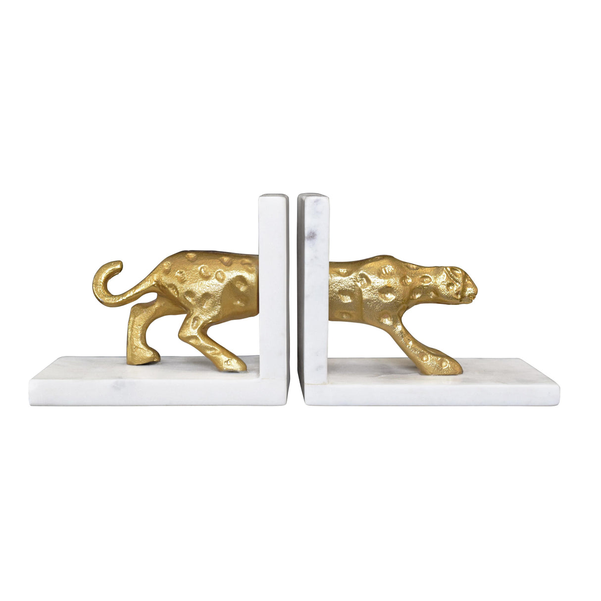 Worlds Away White Marble Bookends With Brass Leopard