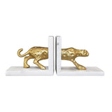 Worlds Away White Marble Bookends With Brass Leopard