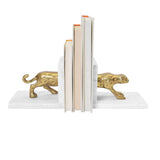 Worlds Away White Marble Bookends With Brass Leopard