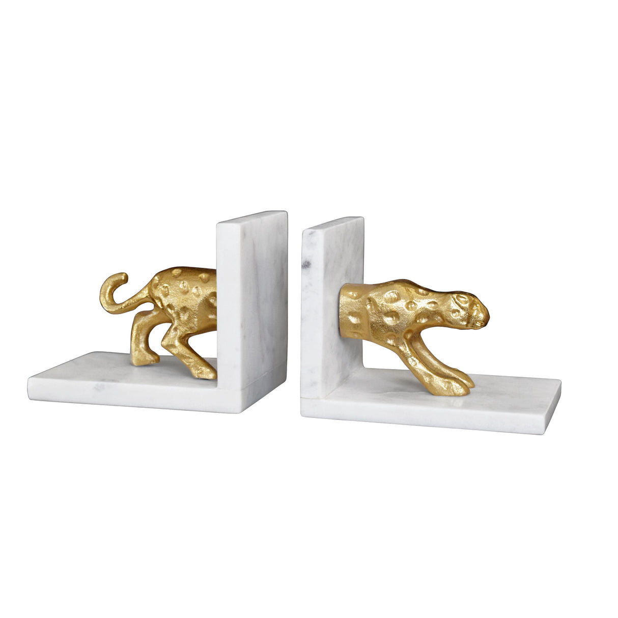 Worlds Away White Marble Bookends With Brass Leopard