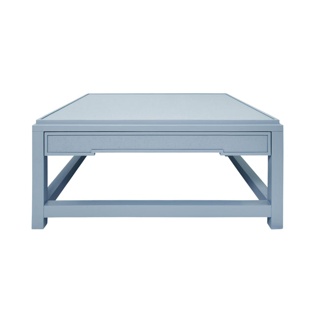 Worlds Away Two Hidden Drawer Coffee Table With Matte Light Blue Lacquer Frame And Inset Light Blue Grasscloth