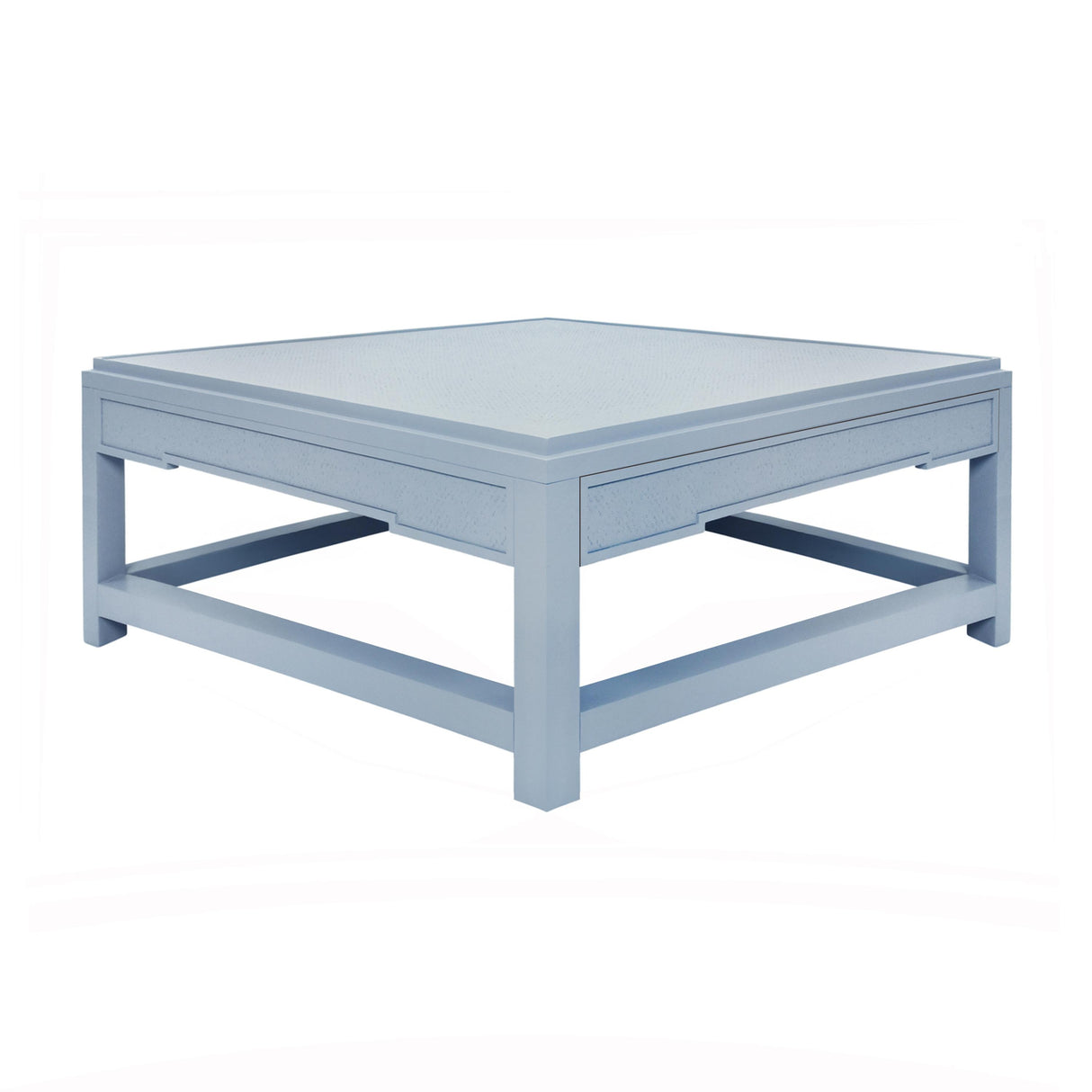 Worlds Away Two Hidden Drawer Coffee Table With Matte Light Blue Lacquer Frame And Inset Light Blue Grasscloth
