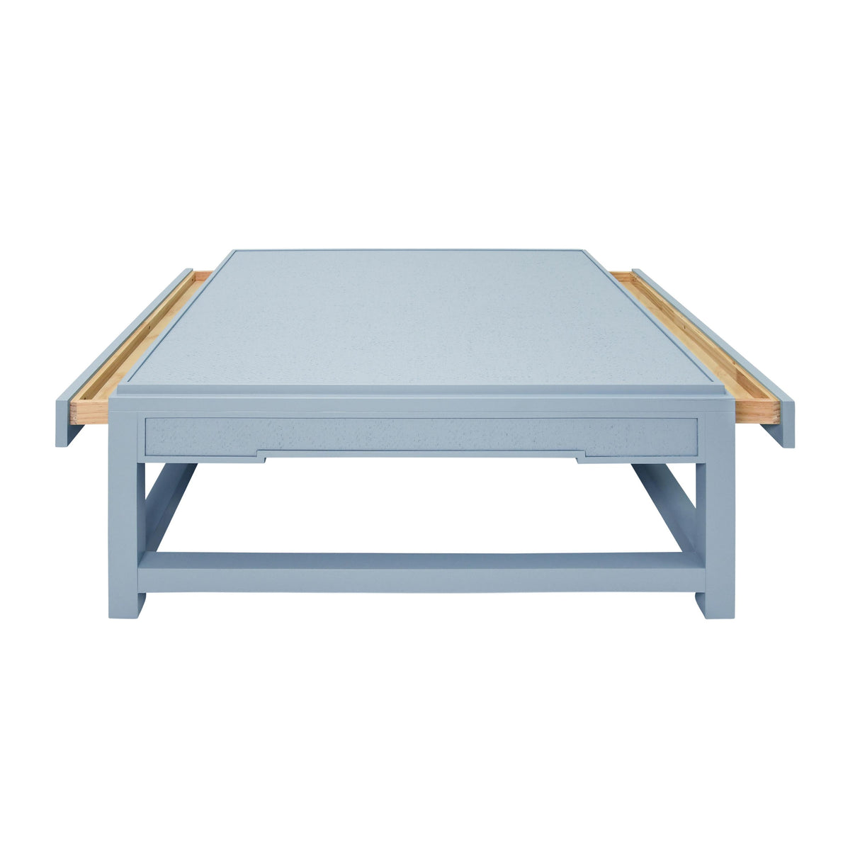 Worlds Away Two Hidden Drawer Coffee Table With Matte Light Blue Lacquer Frame And Inset Light Blue Grasscloth