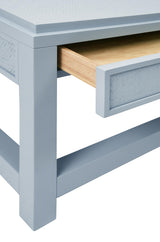 Worlds Away Two Hidden Drawer Coffee Table With Matte Light Blue Lacquer Frame And Inset Light Blue Grasscloth